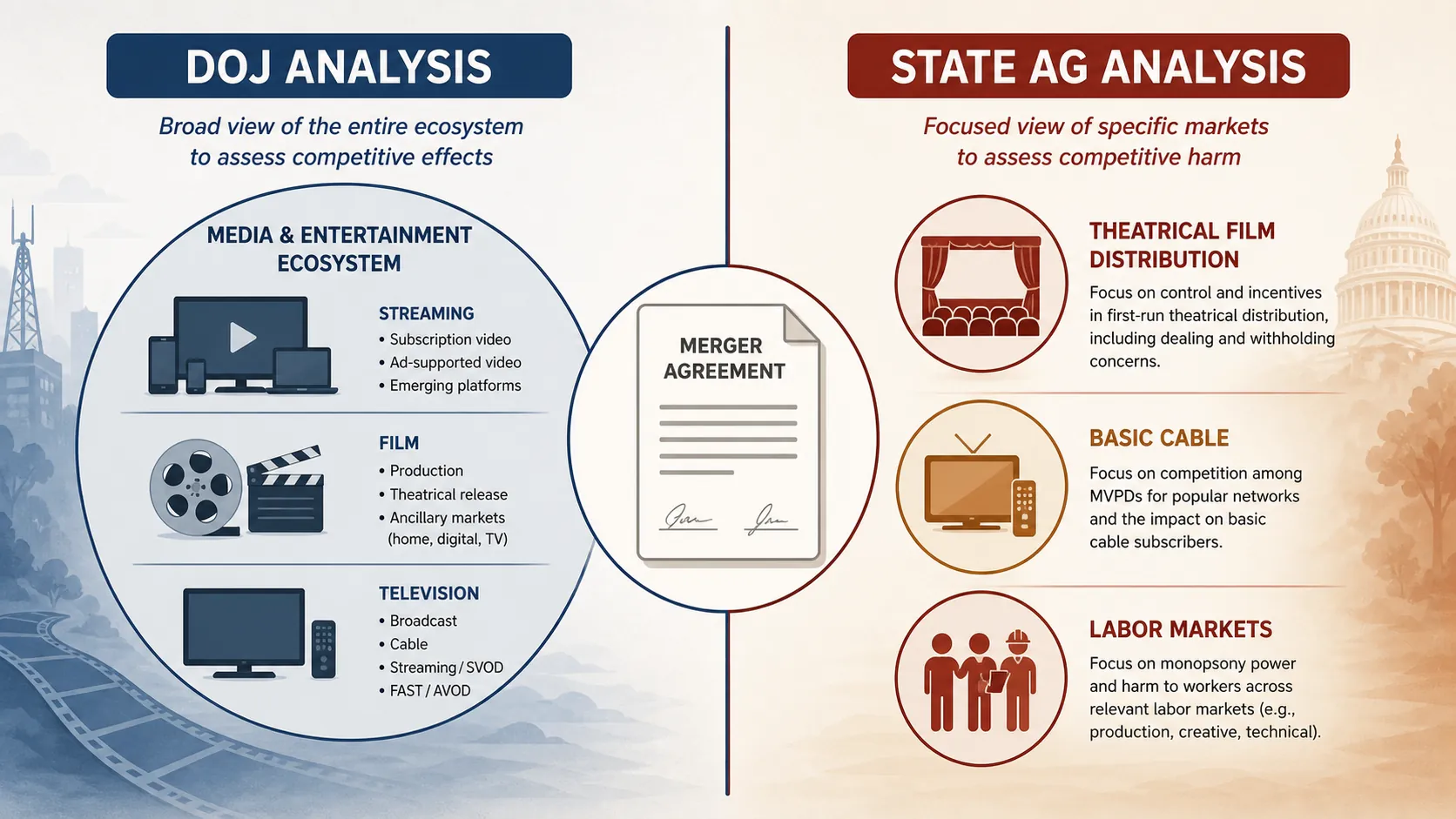 Comparison of DOJ broad media ecosystem analysis and state AG narrower market analysis