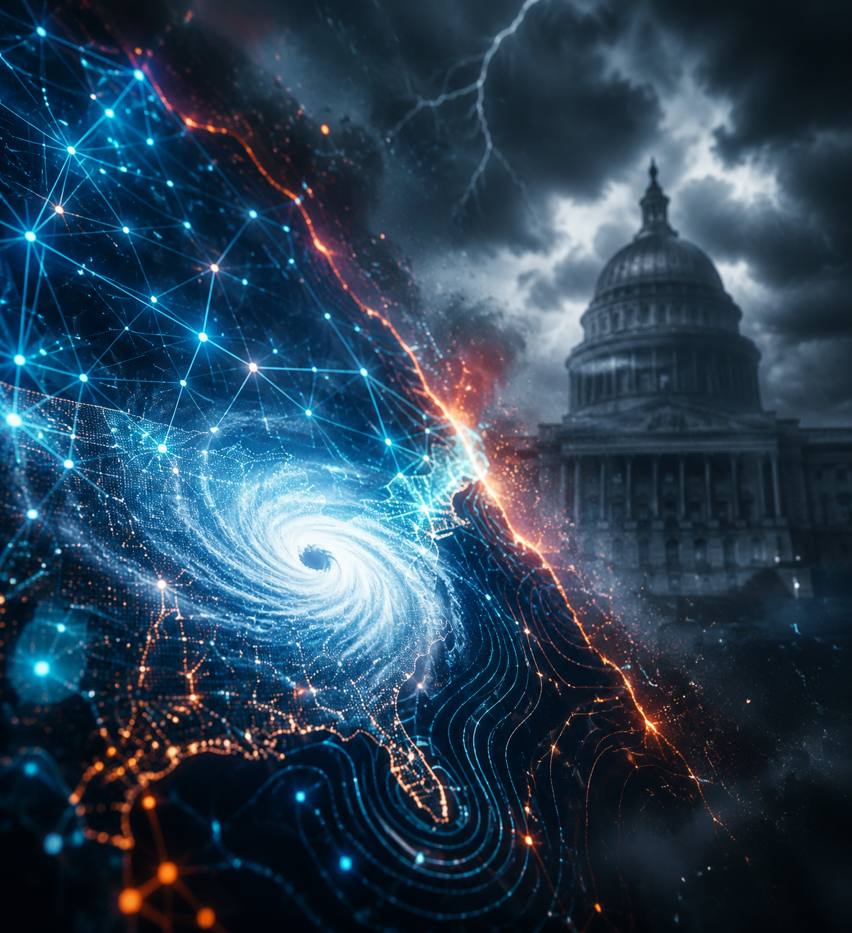 Digital weather map with neural network overlays above a storm system and institutional authority in the background