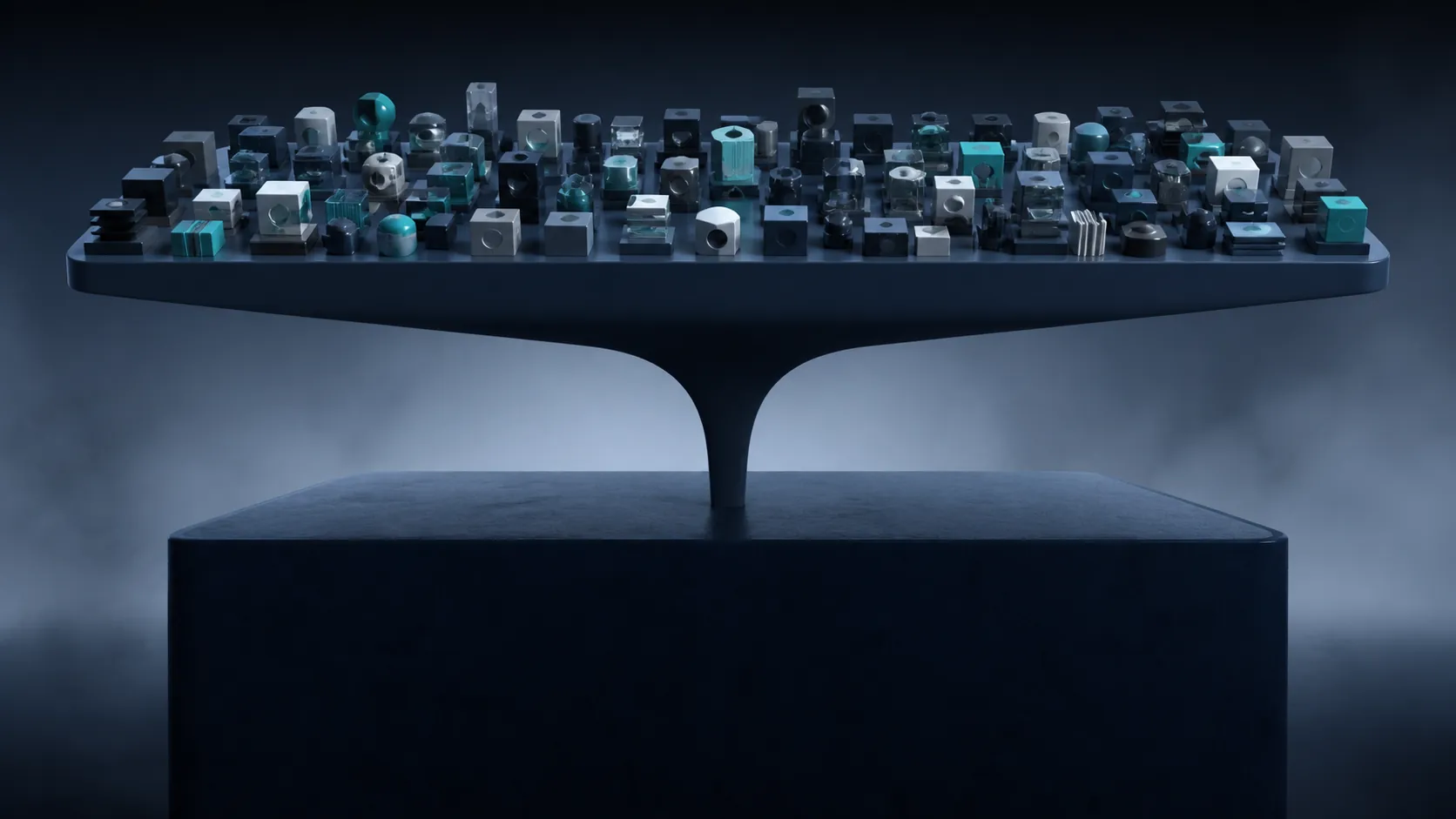 Abstract application blocks narrowing into one load-bearing infrastructure foundation