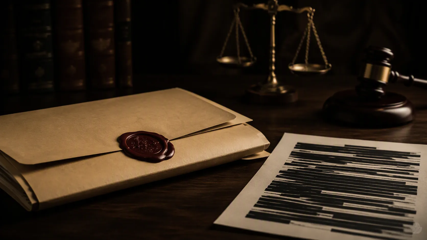 Closed legal file with a wax seal and redacted pages representing a confidential arbitration record