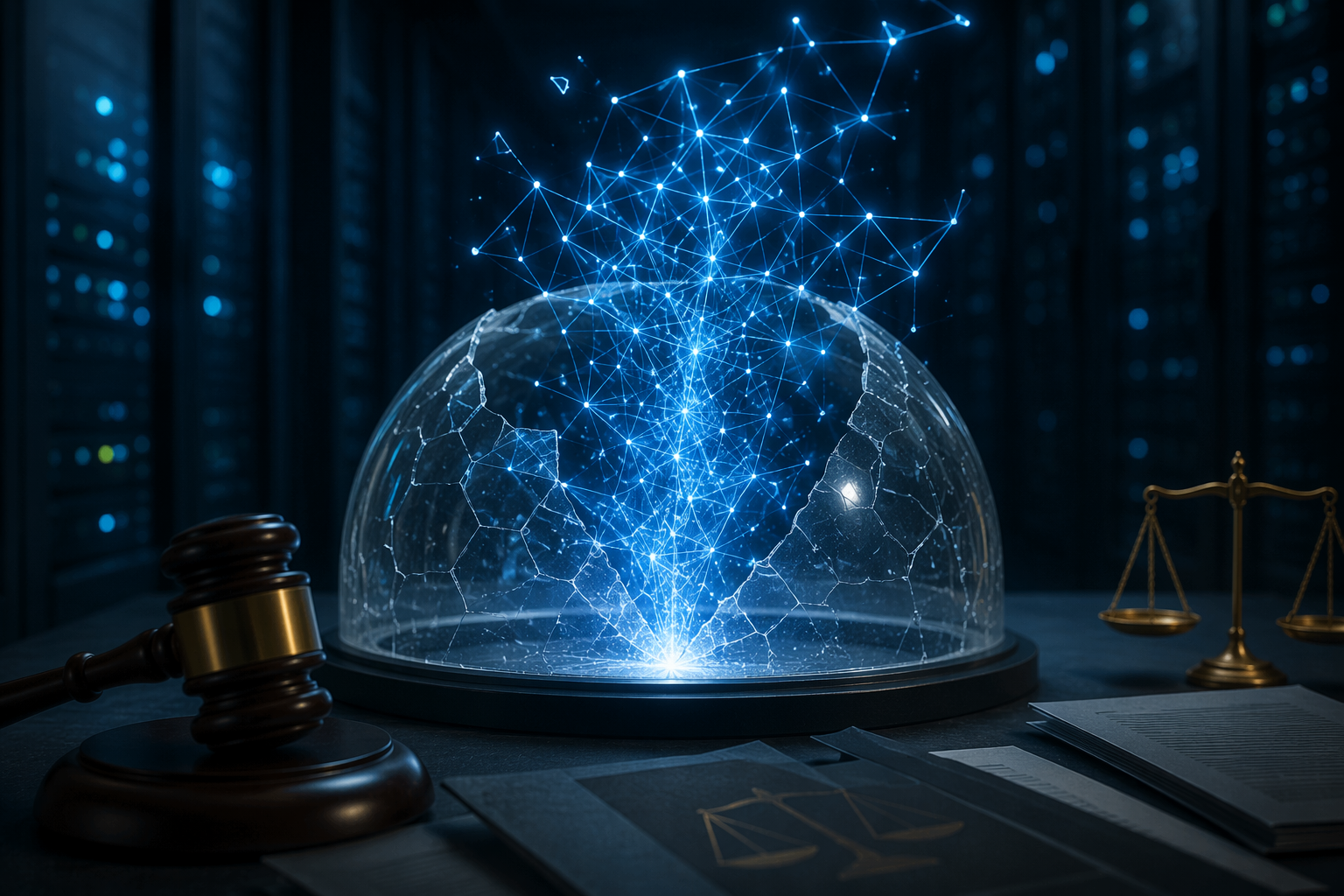 An AI model breaking through a containment dome in a server room