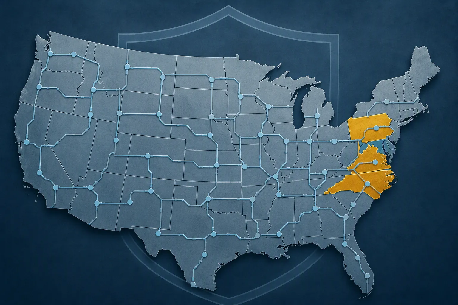 Map of the United States with three East Coast states highlighted and a faint water-pipeline network under a cybersecurity shield