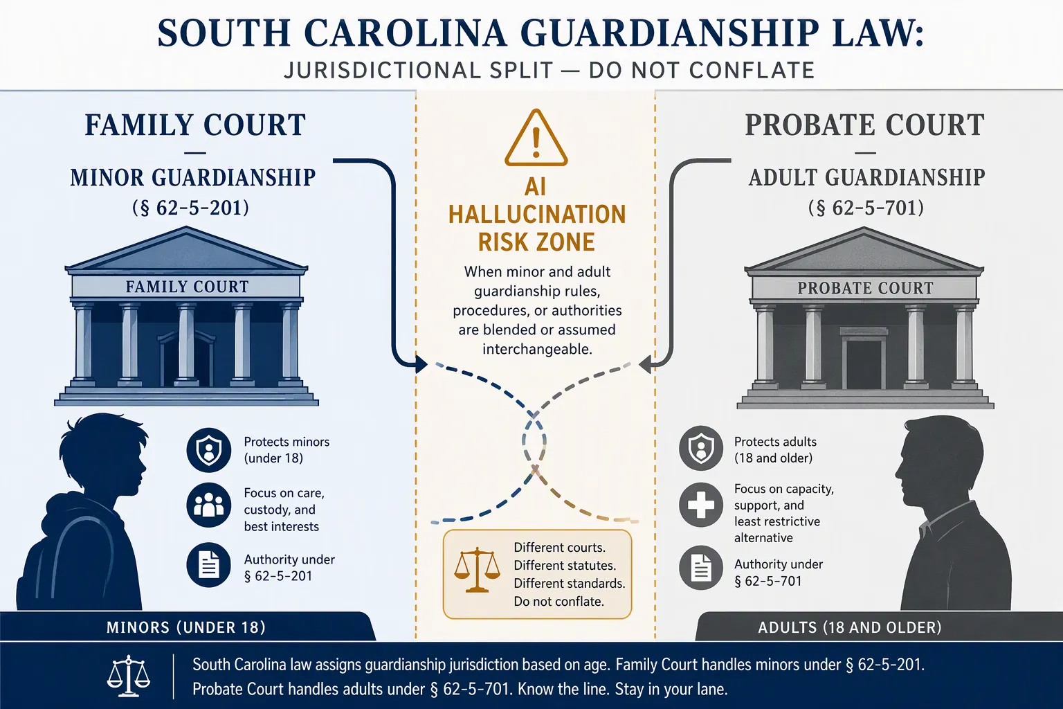 Diagram contrasting family court minor guardianship and probate court adult guardianship with an AI hallucination risk zone where the paths blur