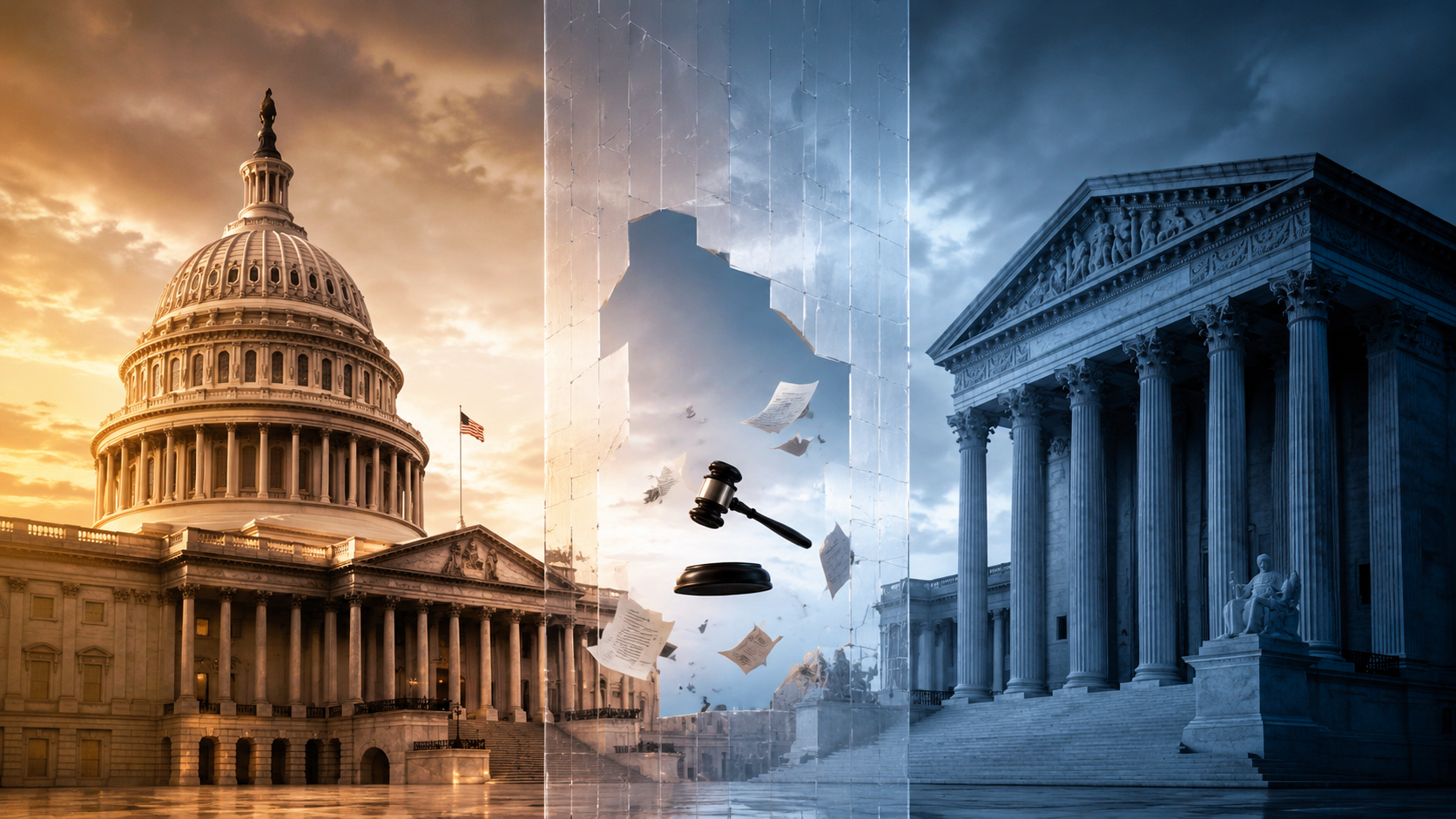 U.S. Capitol and federal courthouse separated by a procedural gap with legal papers and a gavel