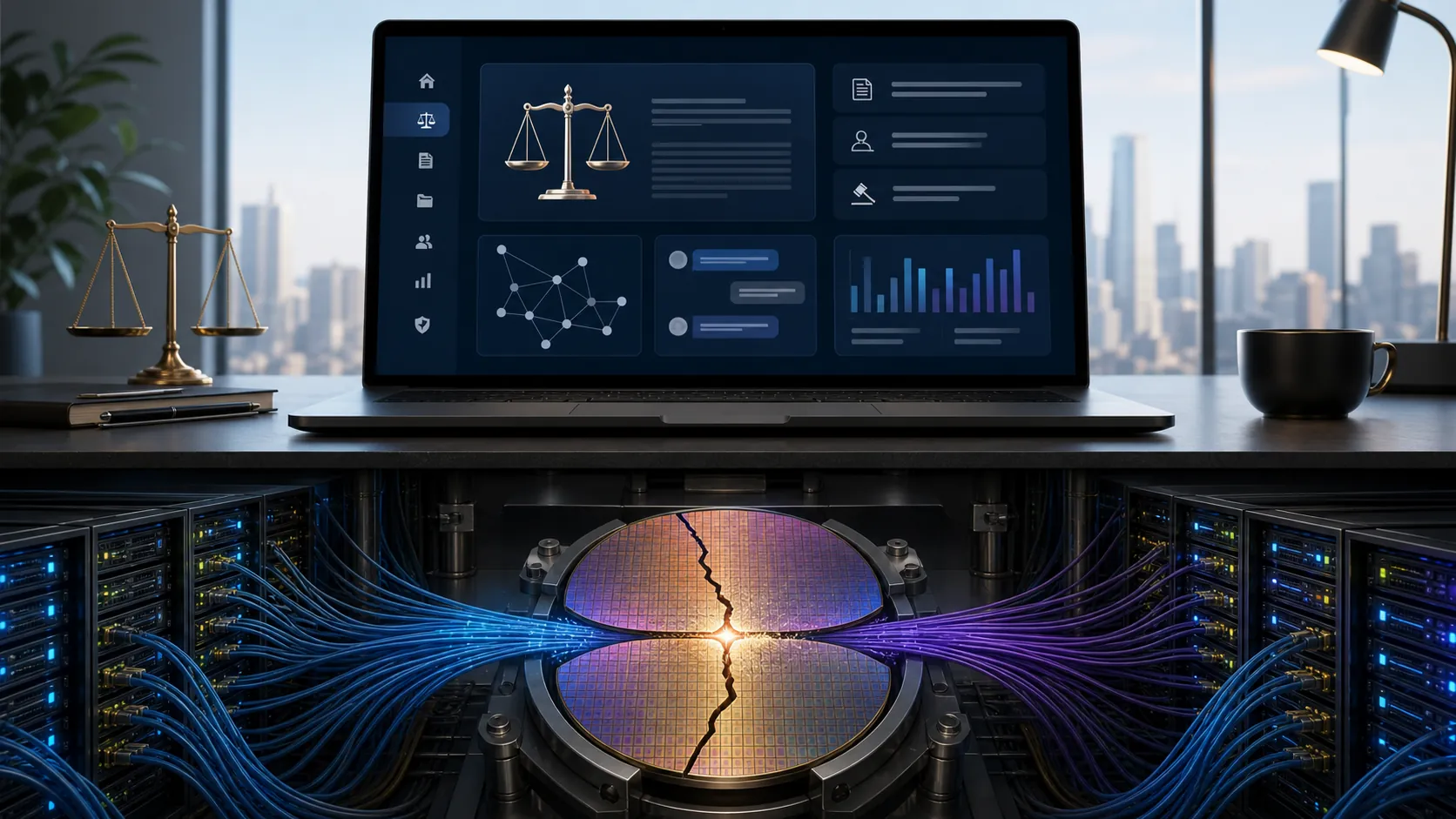 Legal AI dashboard above strained data-center infrastructure and a cracked indium phosphide wafer