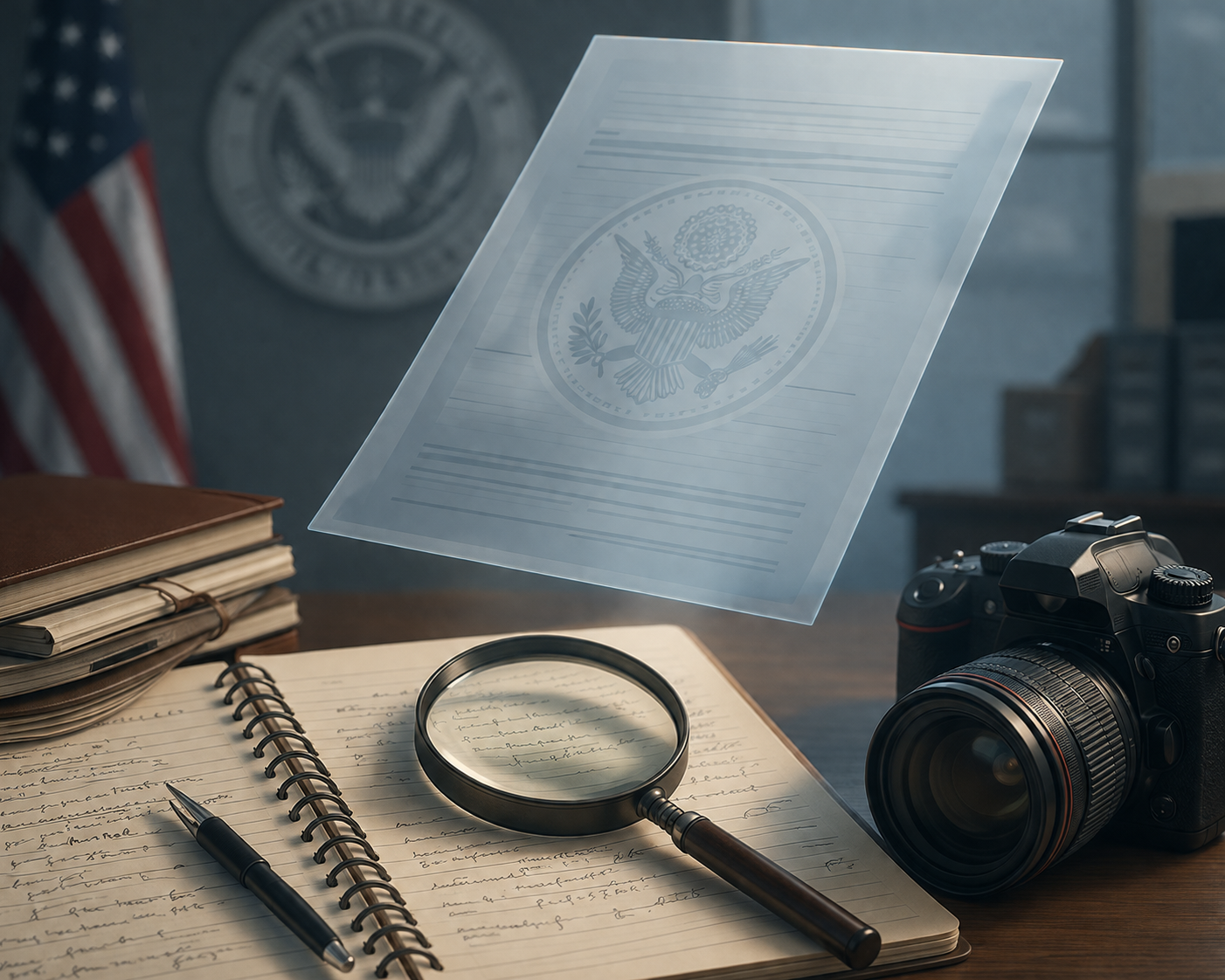 Journalist notebook and camera under a translucent government document and magnifying glass