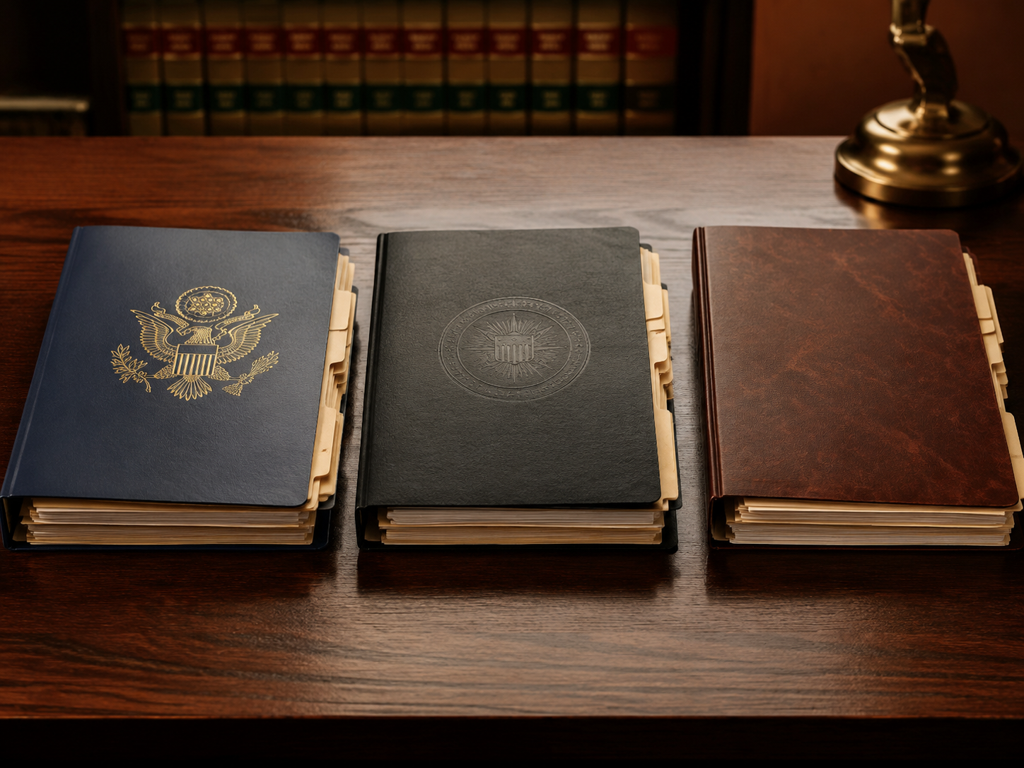 Three separate legal case file folders arranged side by side on a wooden table