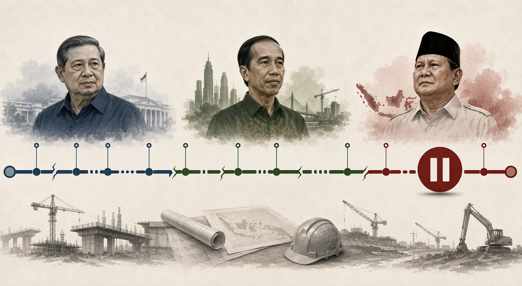 An 18-year timeline illustration from 2008 to 2026 with three color-coded eras and a pause symbol over the later years.