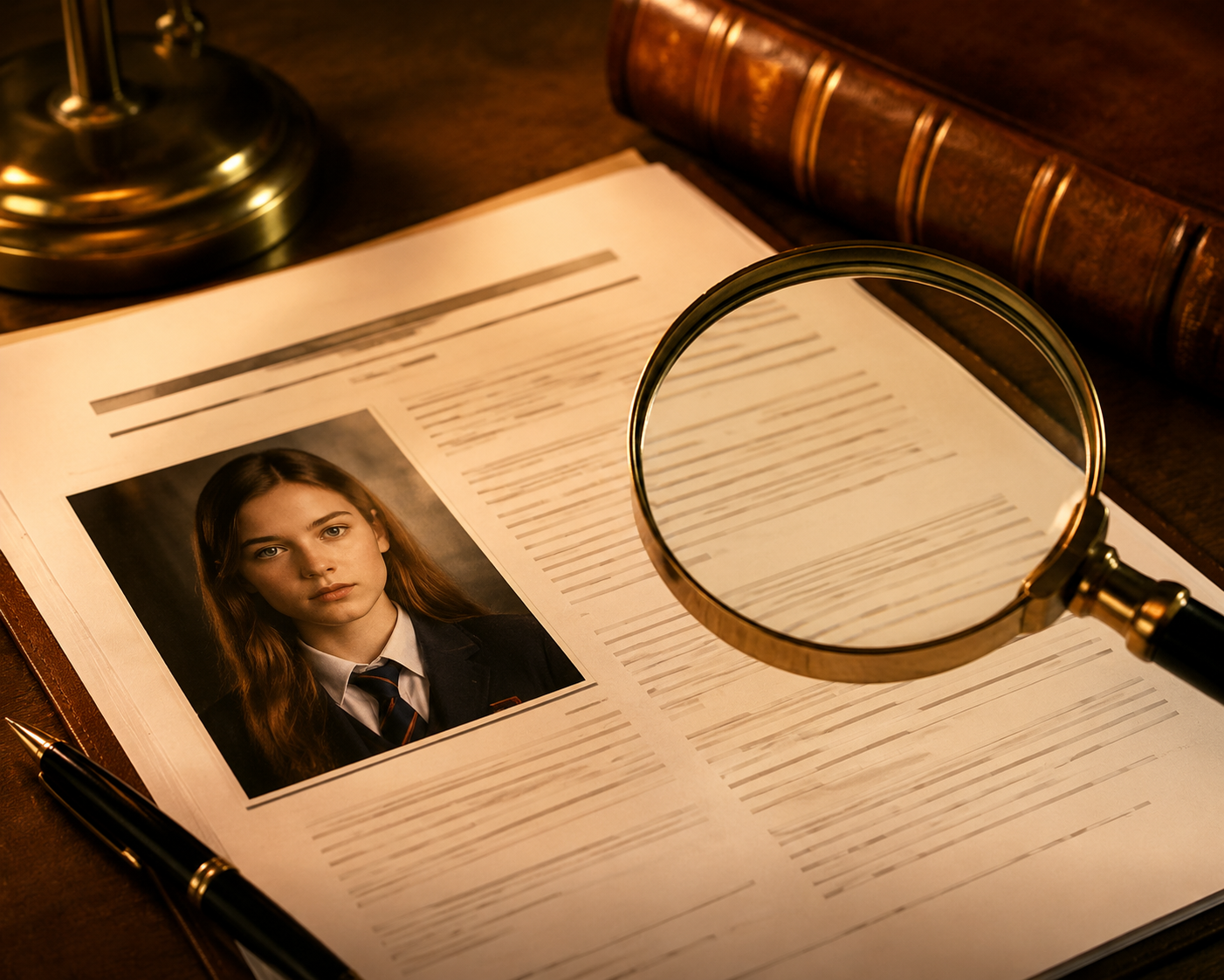 A young actress's headshot on a legal contract with a magnifying glass over an empty merchandising royalty clause