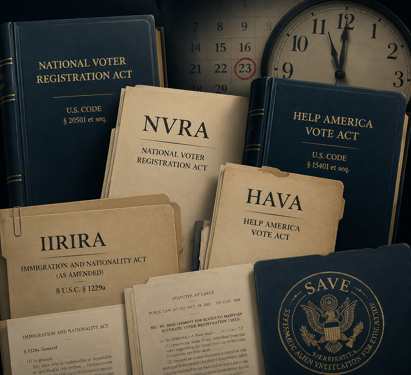 Overlapping legal documents representing the NVRA, HAVA, IIRIRA, and the SAVE program in a complex interlocking pattern