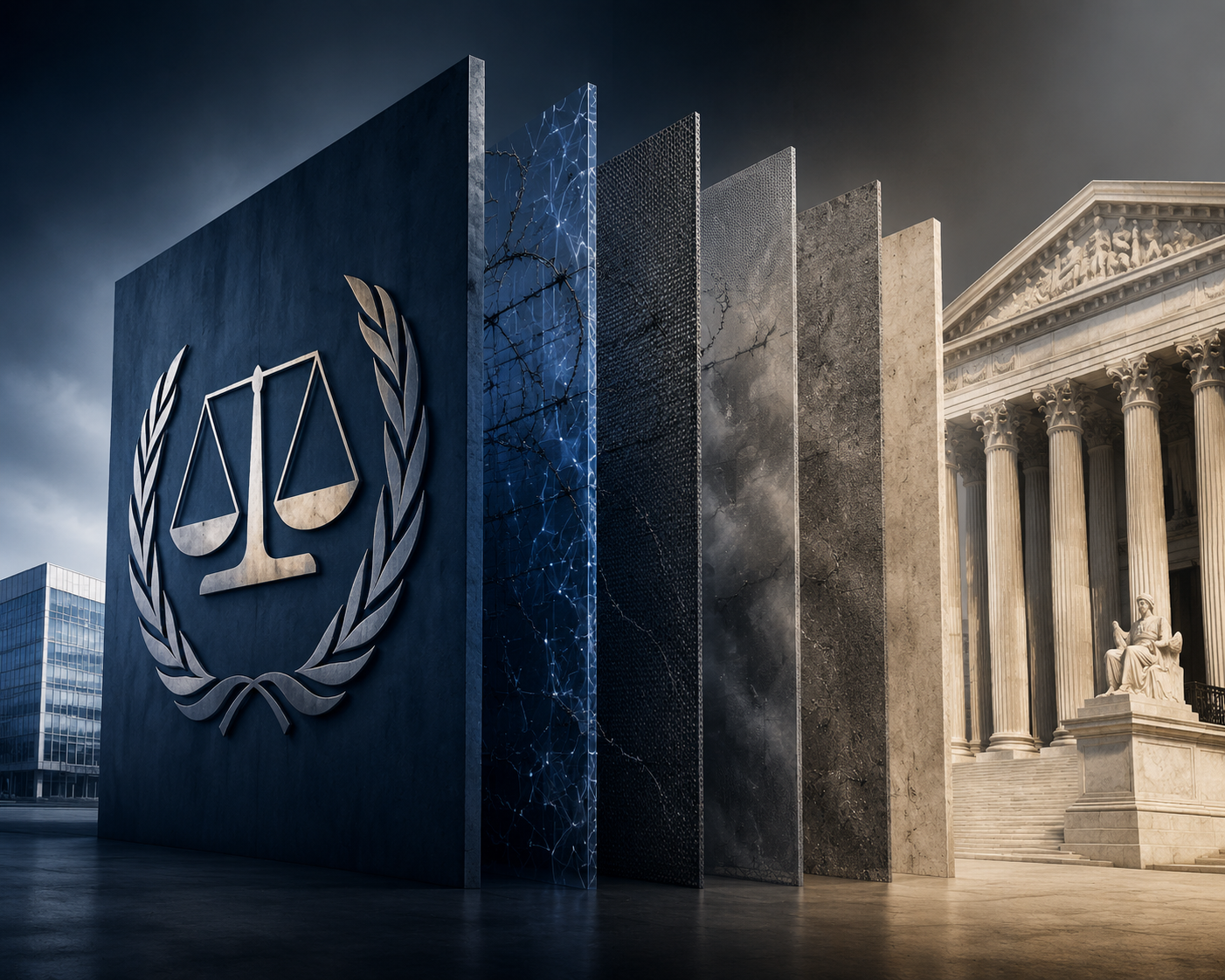 ICC emblem and U.S. courthouse separated by layered legal barriers