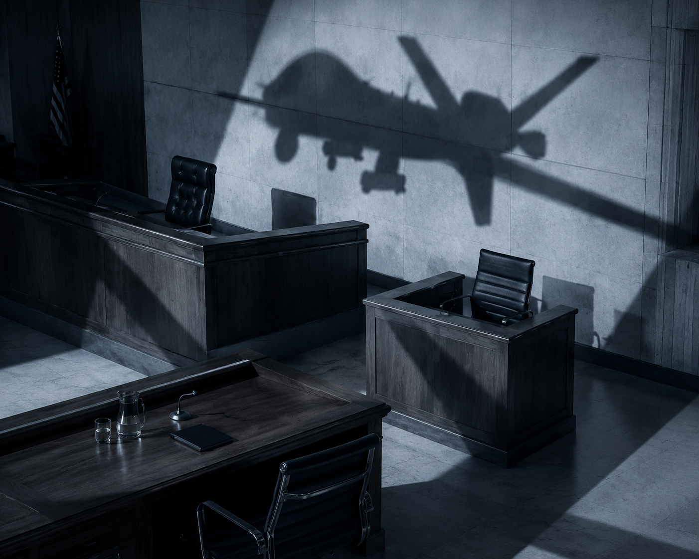 Empty courtroom with a drone shadow cast across the judge's bench and witness chair
