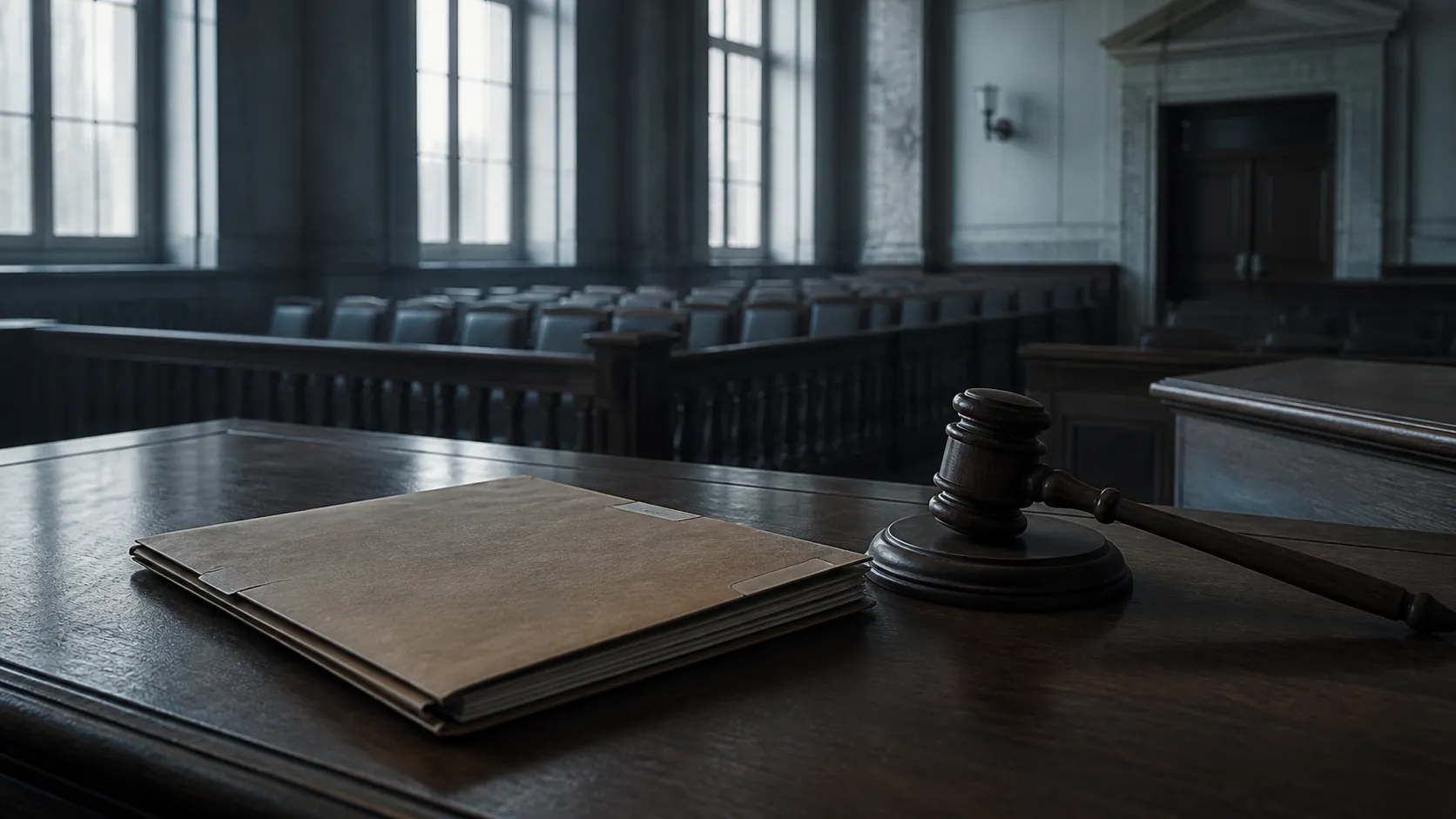 Empty courtroom with a closed case file and gavel on the judge's bench