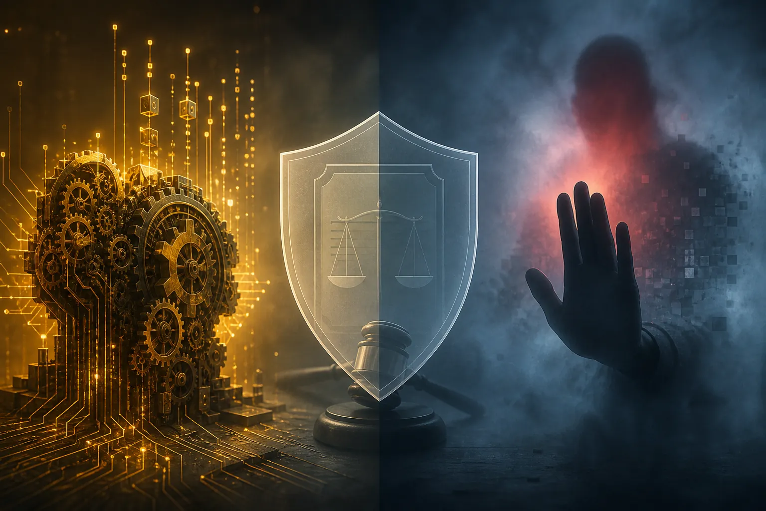 Split editorial image showing fast agentic coding strength on one side and uncertain legal verification risk on the other