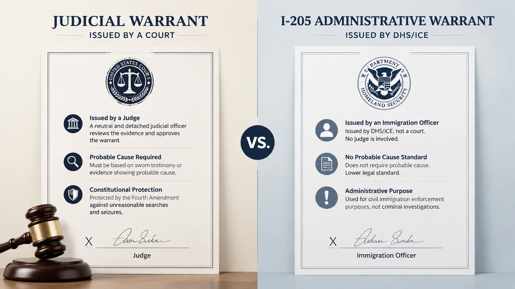 Comparison of a judicial warrant with judge signature and an I-205 administrative warrant with immigration officer signature