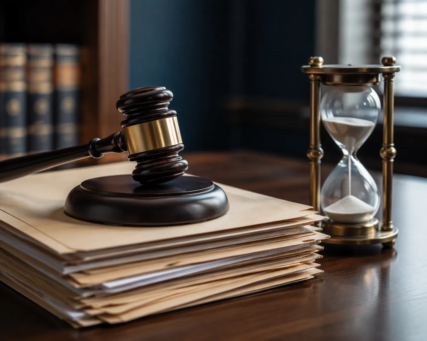 A judge's gavel on case-file folders beside an hourglass, suggesting a court ruling deferred rather than resolved