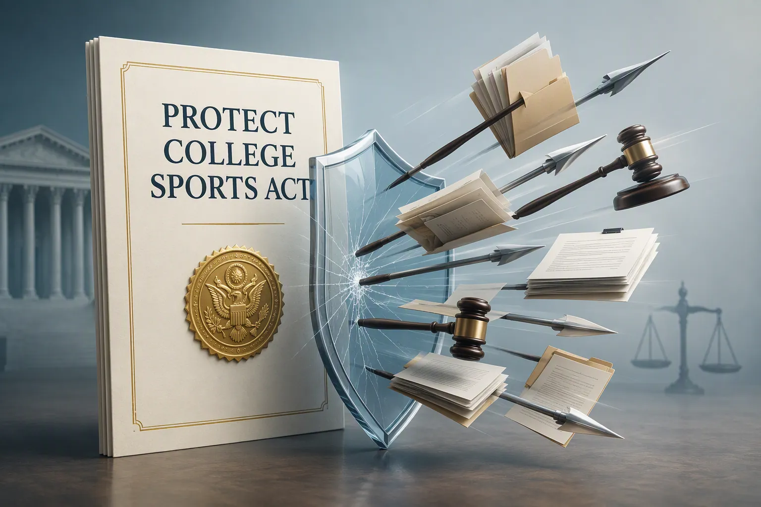 Protect College Sports Act document behind a cracked shield with gavels and lawsuit papers emerging from behind it