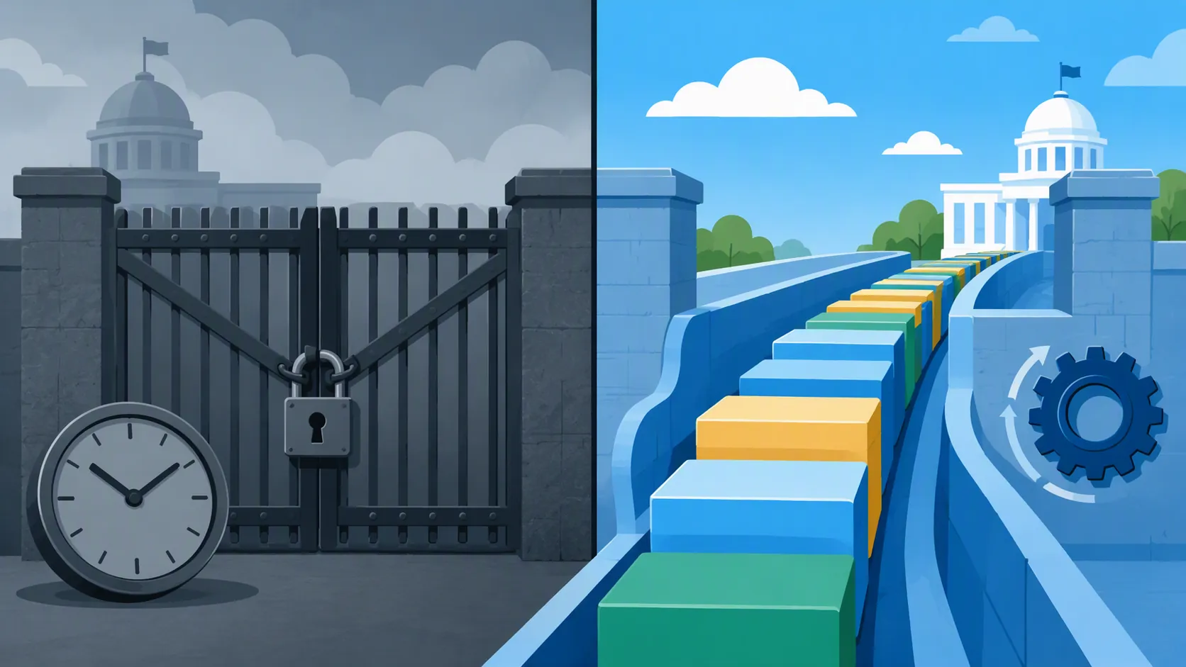 Illustration contrasting a shutdown during an appropriations lapse with automatic funding that continues operations