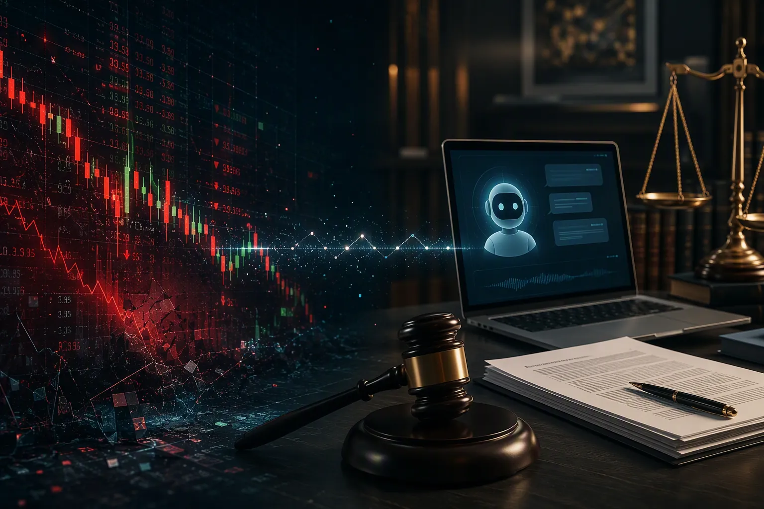 Downward stock chart connected to a law-firm scene with AI interface, legal documents, gavel, and scales of justice