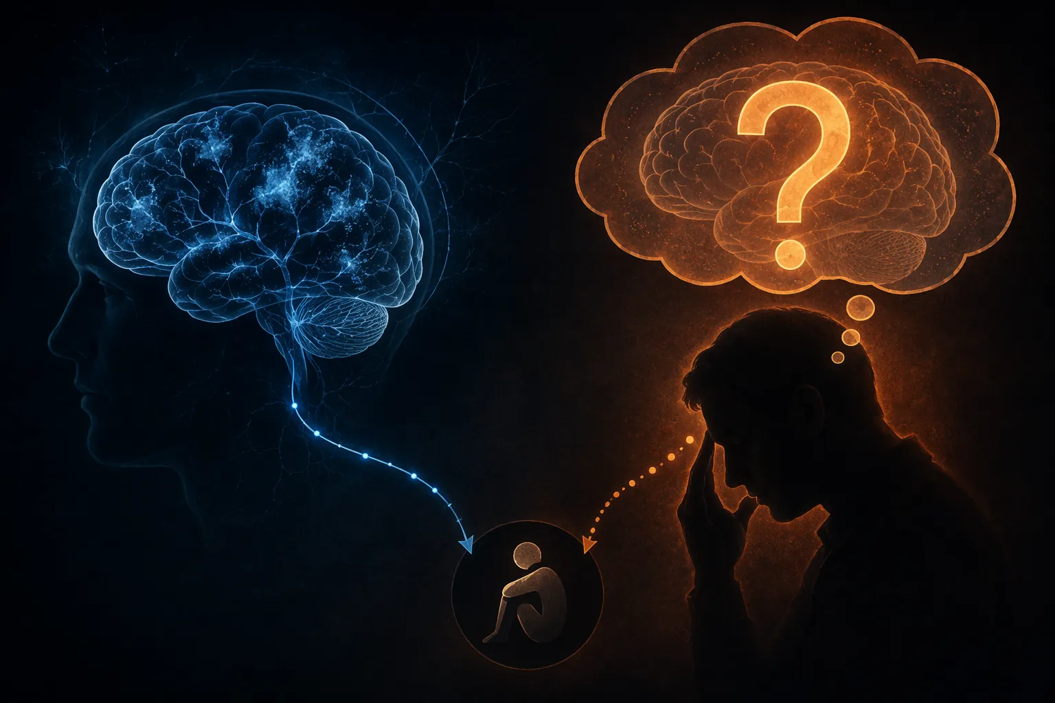 Split illustration of CTE pathology and belief in CTE as separate pathways converging toward suicidal risk