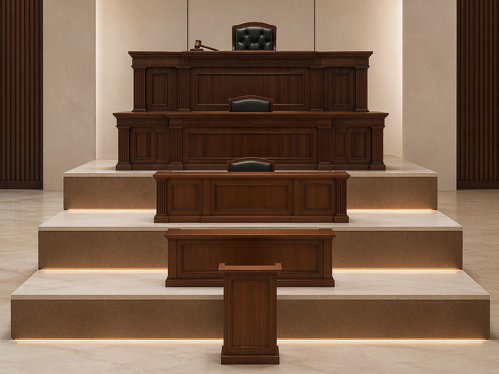 Five ascending wooden platforms in a courtroom symbolizing escalating judicial sanctions