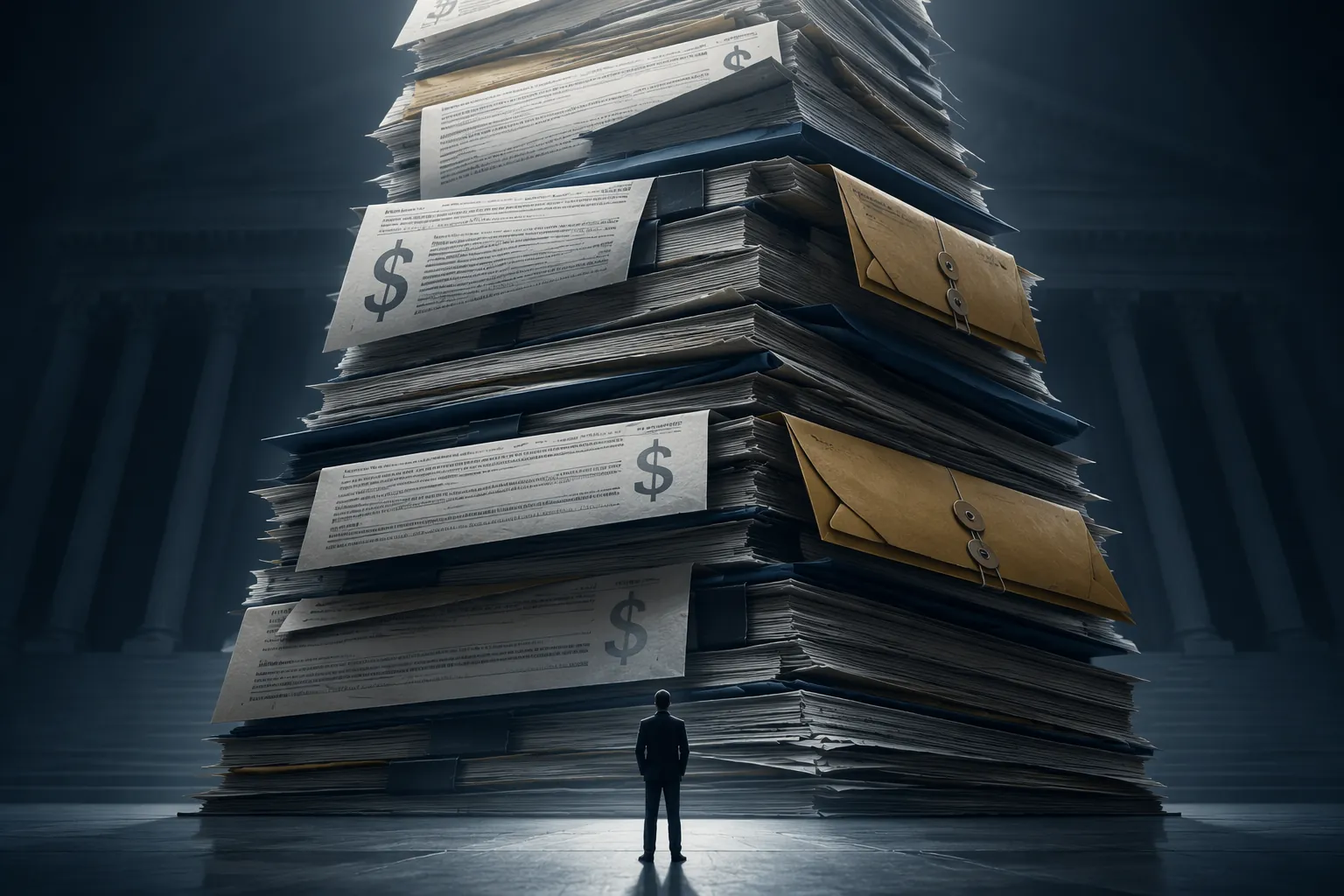 Towering stack of government documents and legal envelopes overshadowing a lone person