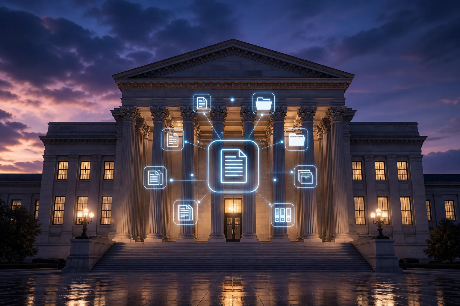 Federal courthouse at dusk with glowing document and filing icons over the entrance