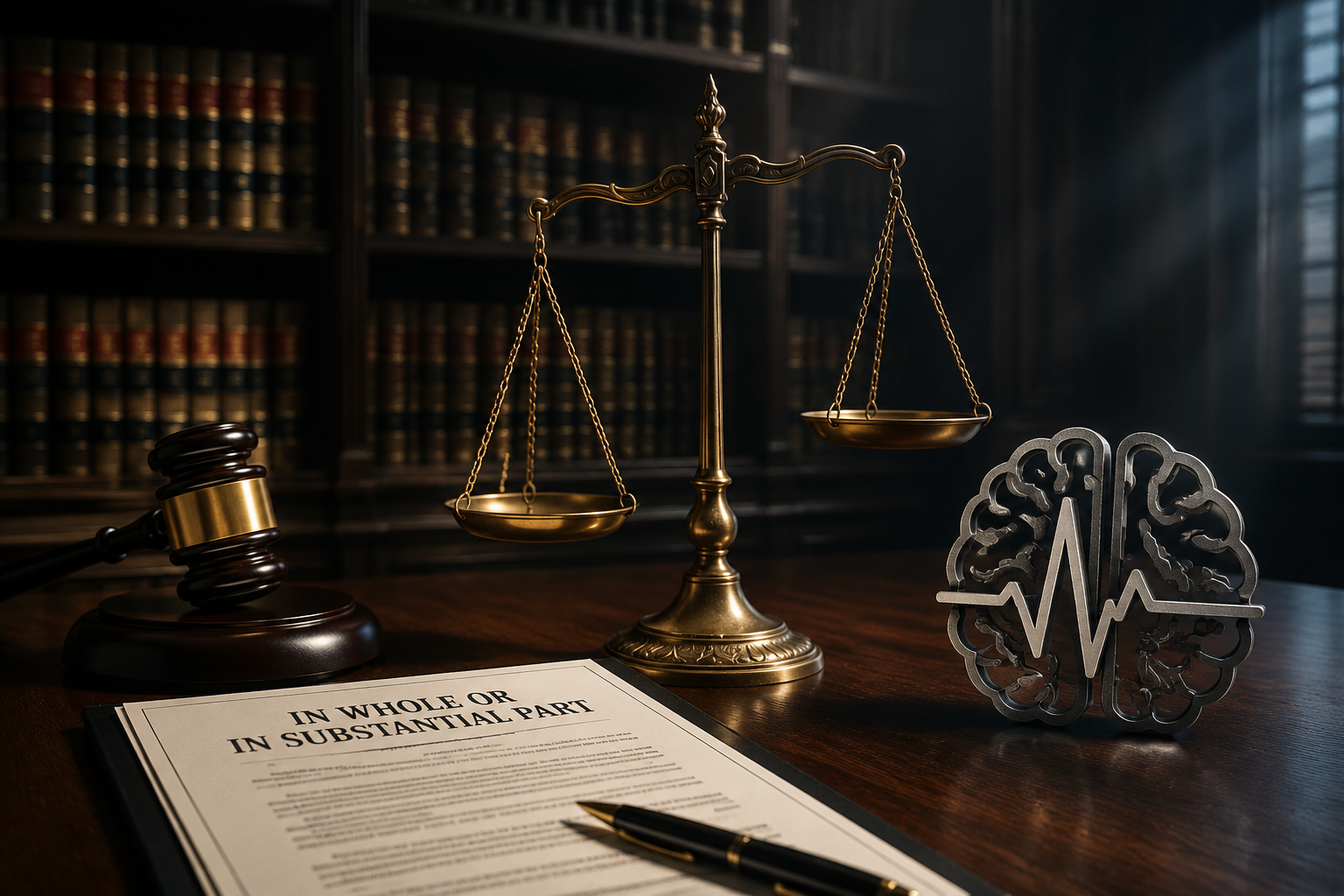 Courtroom-style composition showing the phrase in whole or in substantial part, a stylized brain, and uneven scales of justice