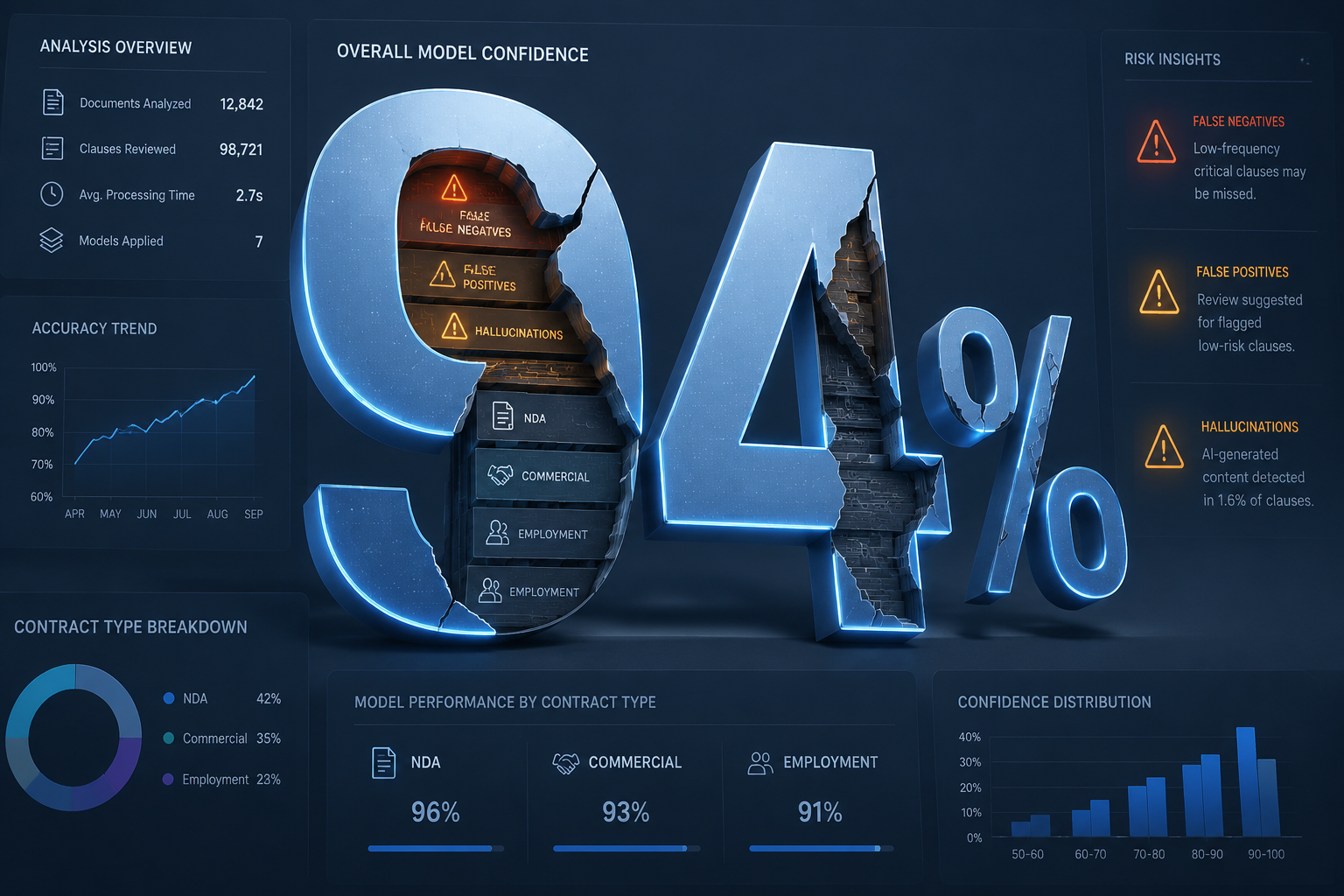 Glowing 94 percent accuracy dashboard with fractured layers showing false negatives, false positives, hallucinations, and contract type risk labels