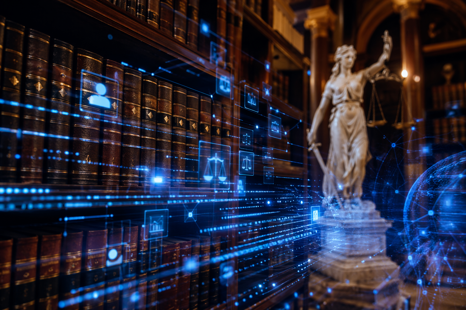 Traditional law firm library with digital AI interface elements in the foreground
