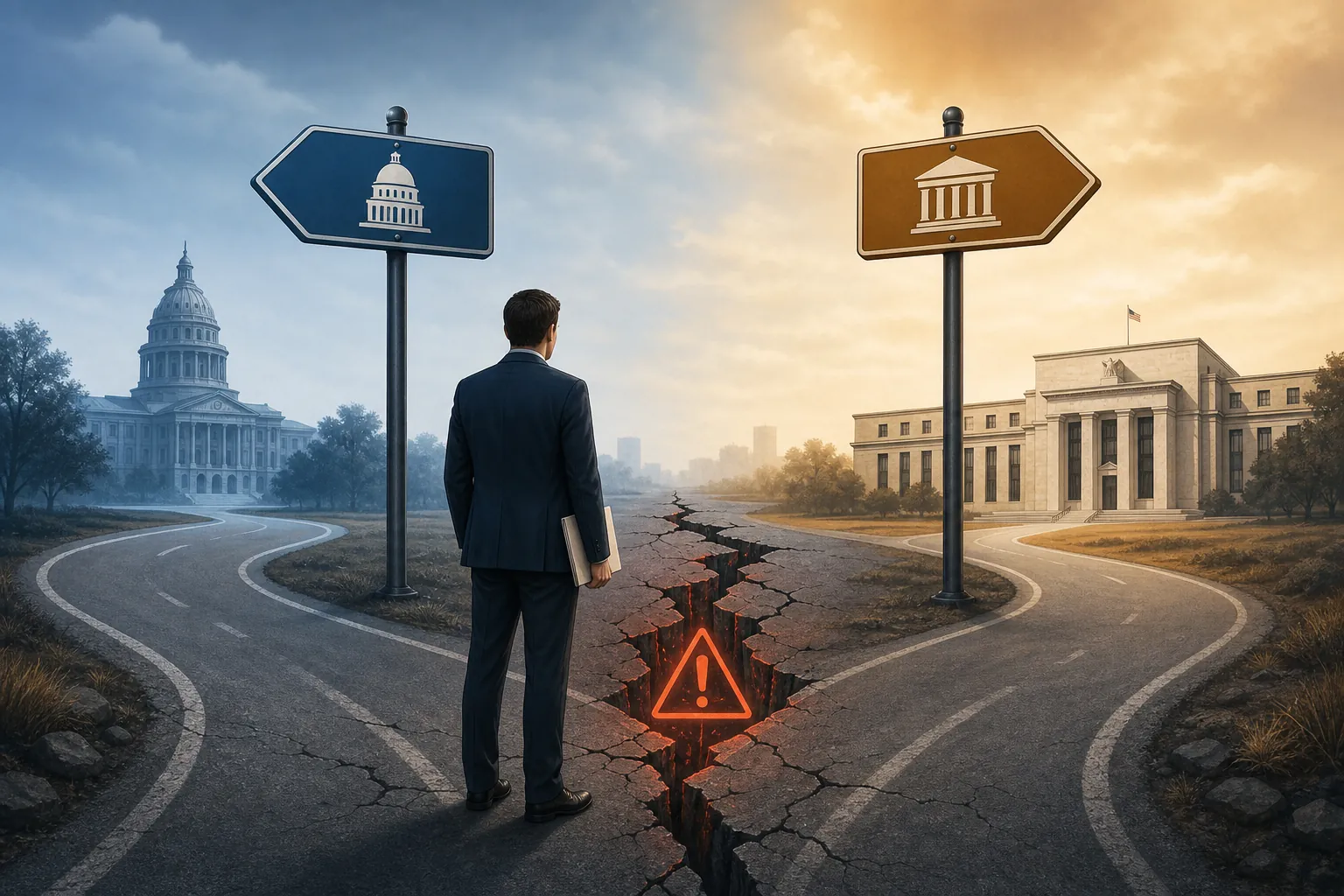 Legal professional standing between State AI Compliance and FTC Section 5 paths with cracked ground between them