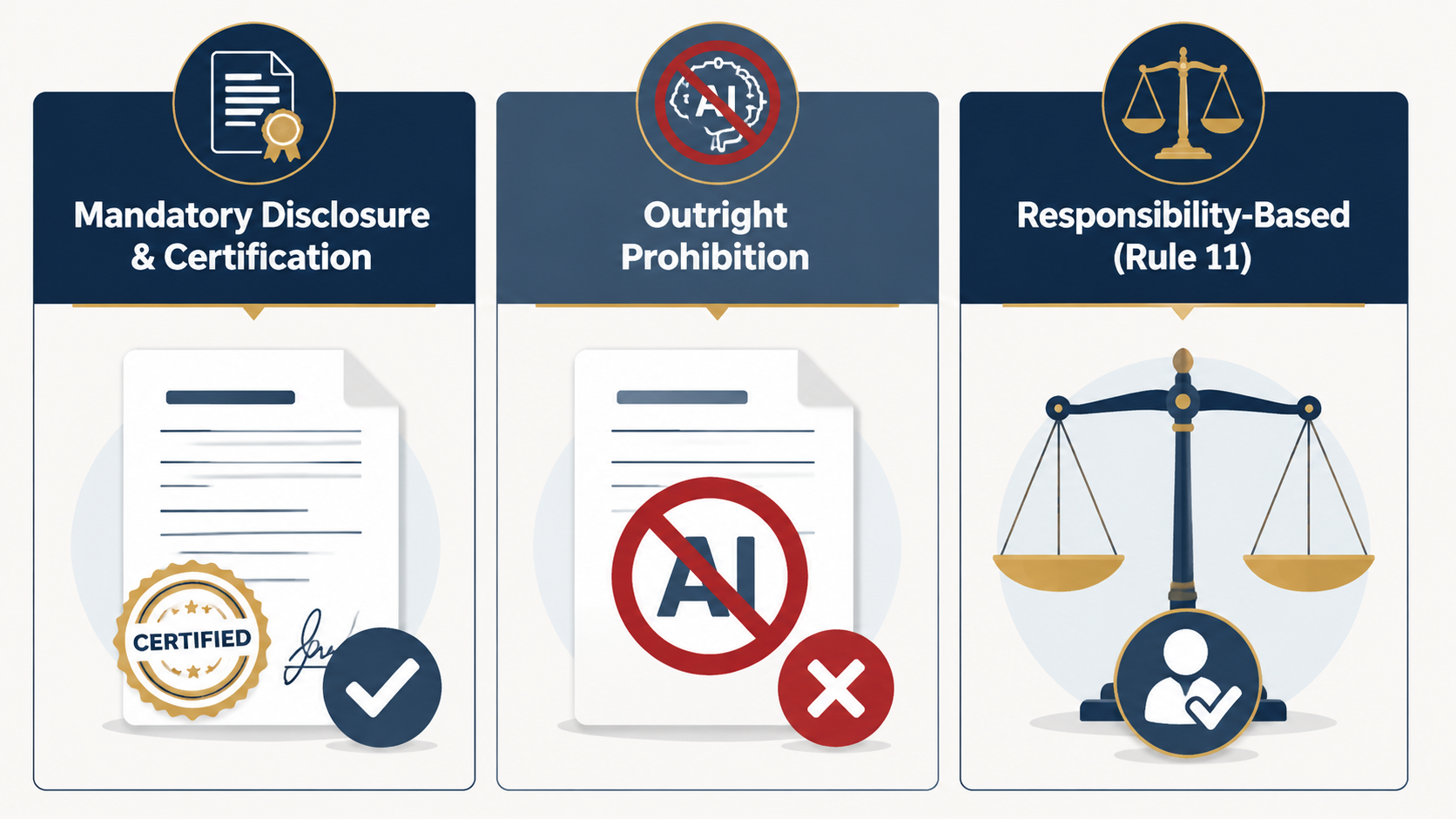 Comparison of mandatory disclosure and certification, outright prohibition, and responsibility-based Rule 11 AI regulatory models