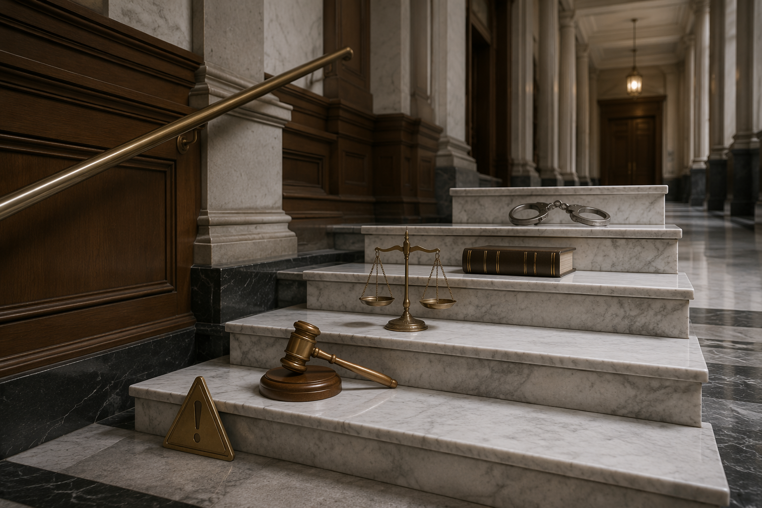 Federal courthouse hallway with ascending stairs suggesting escalating court sanctions
