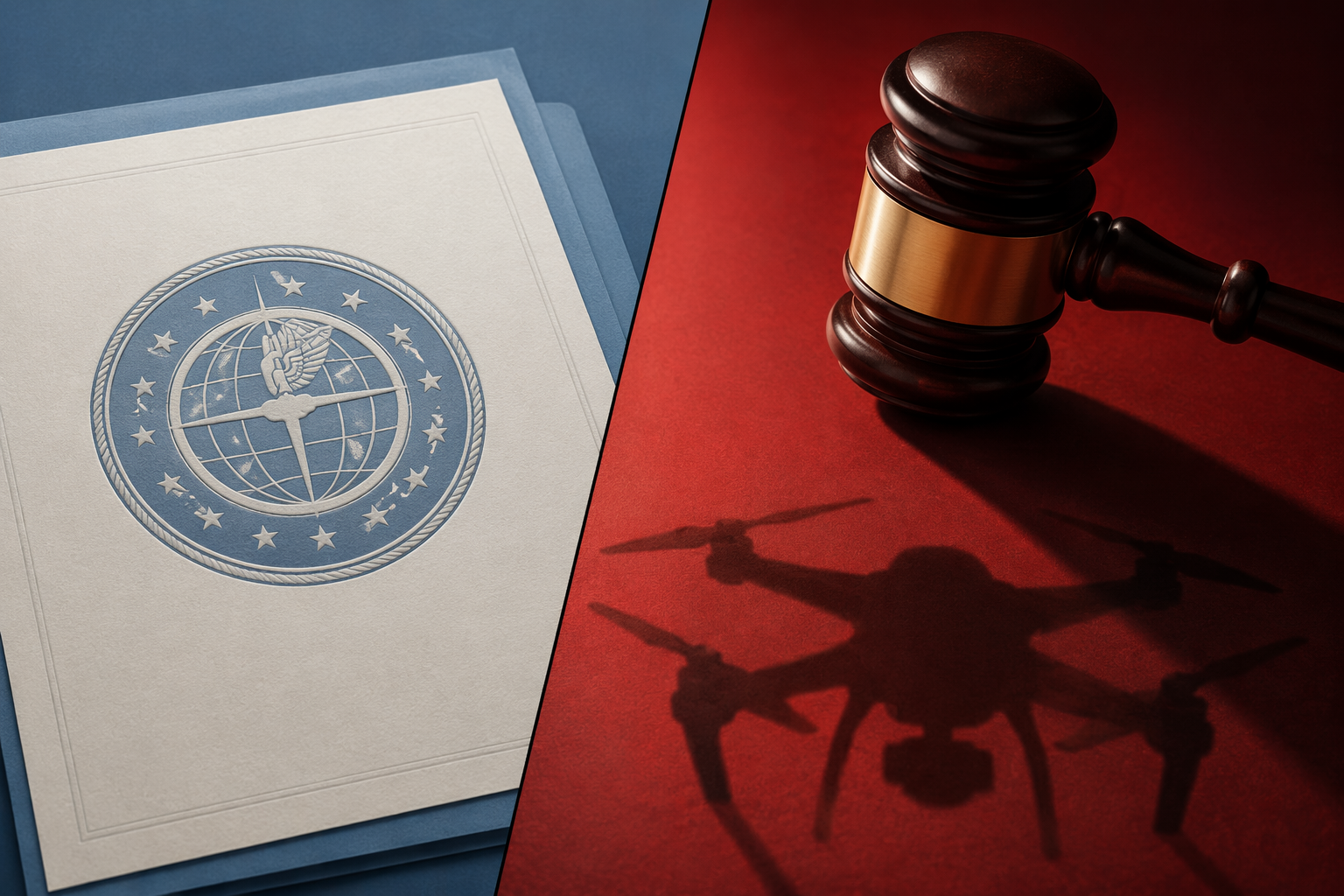 FAA-style enforcement document with a gavel shadow and drone silhouette
