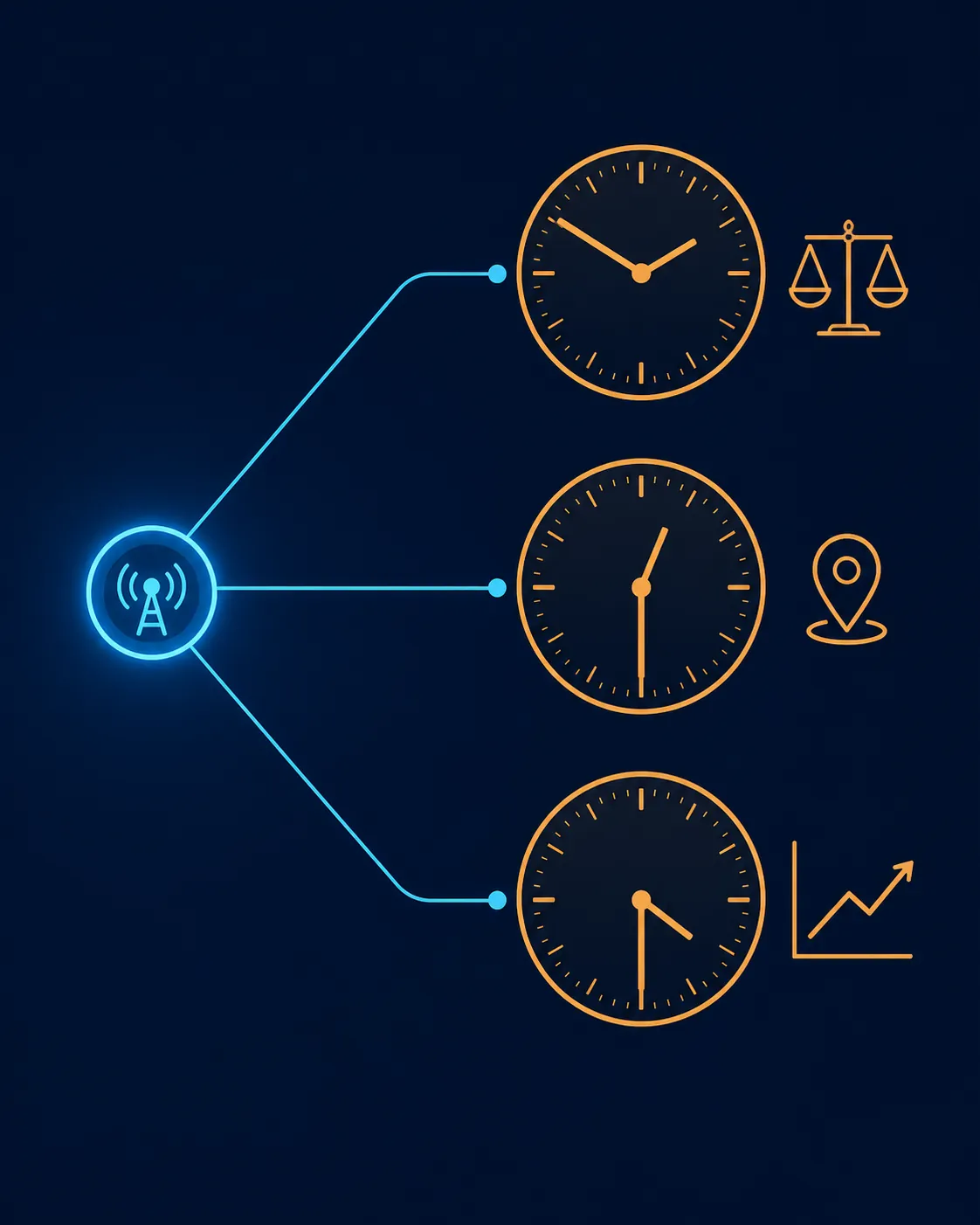 Three clocks connected to one intercepted telecom session, representing parallel FCC, state law and SEC notification clocks