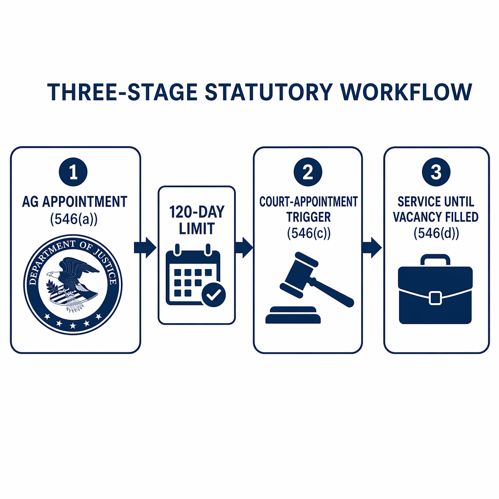 Three-stage sequence showing the § 546 Attorney General appointment, 120-day limit, court appointment trigger, and service until vacancy is filled