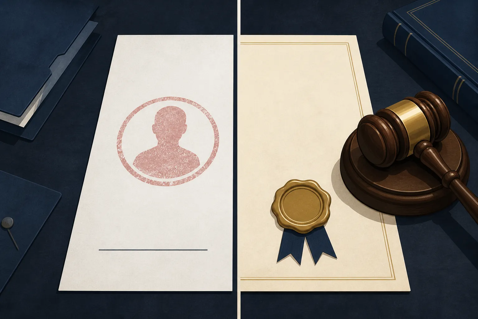 A legal document divided between an unproven charge and a court-proven outcome, with a gavel beside the completed half