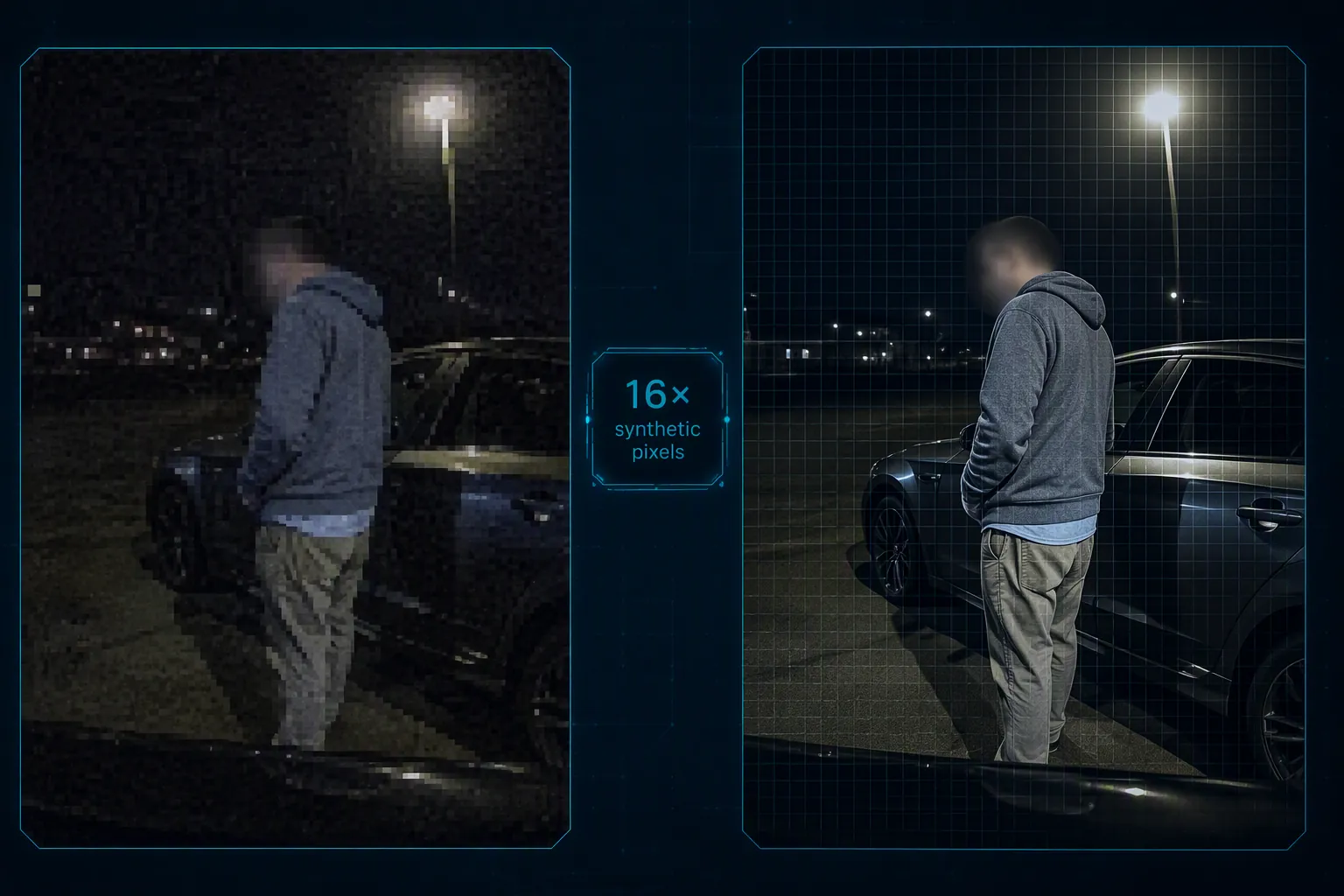 Comparison of grainy nighttime bodycam footage and an over-processed AI-upscaled version labeled 16x synthetic pixels
