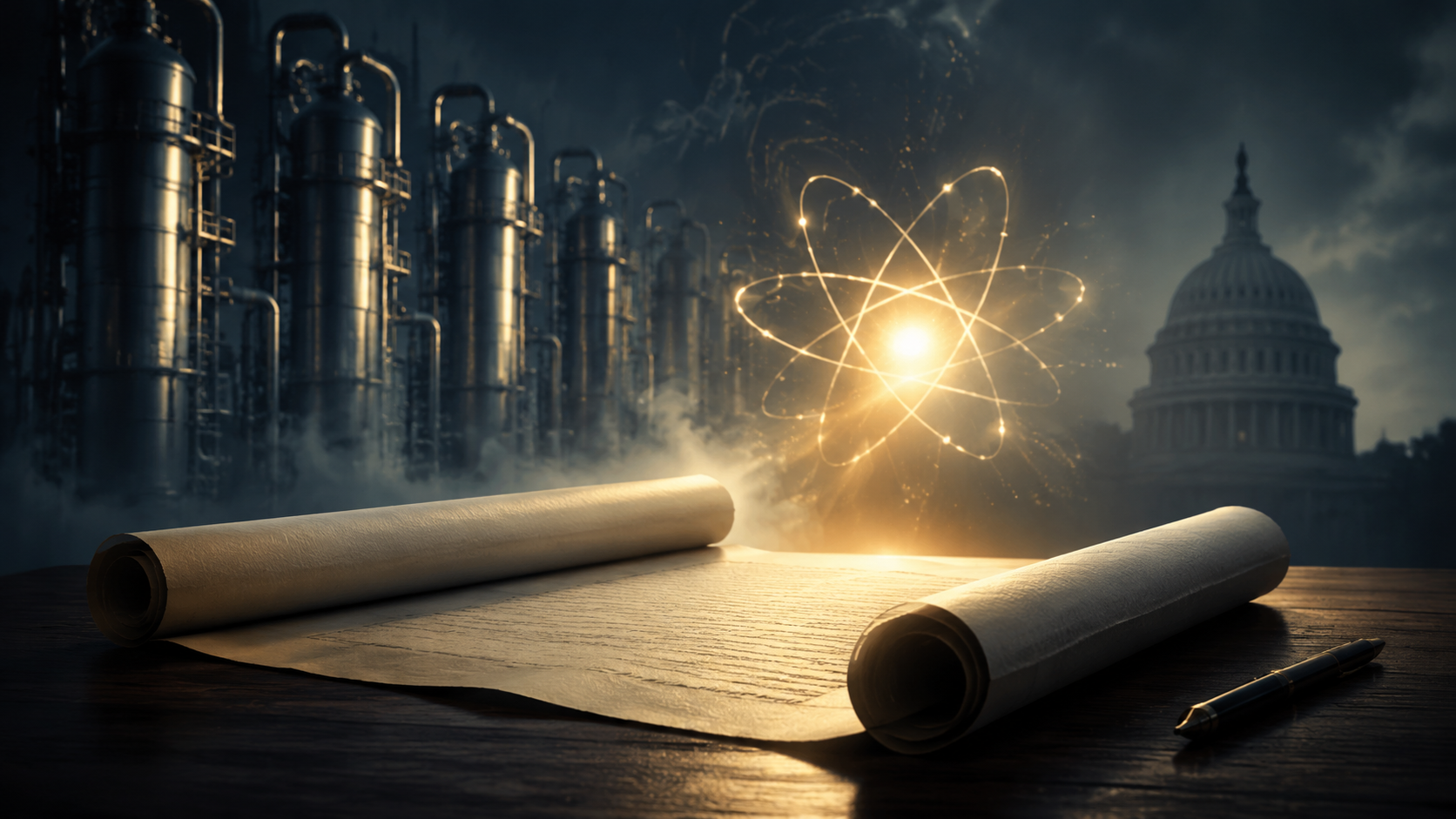 Open legal treaty document with uranium enrichment imagery and a distant U.S. Capitol silhouette