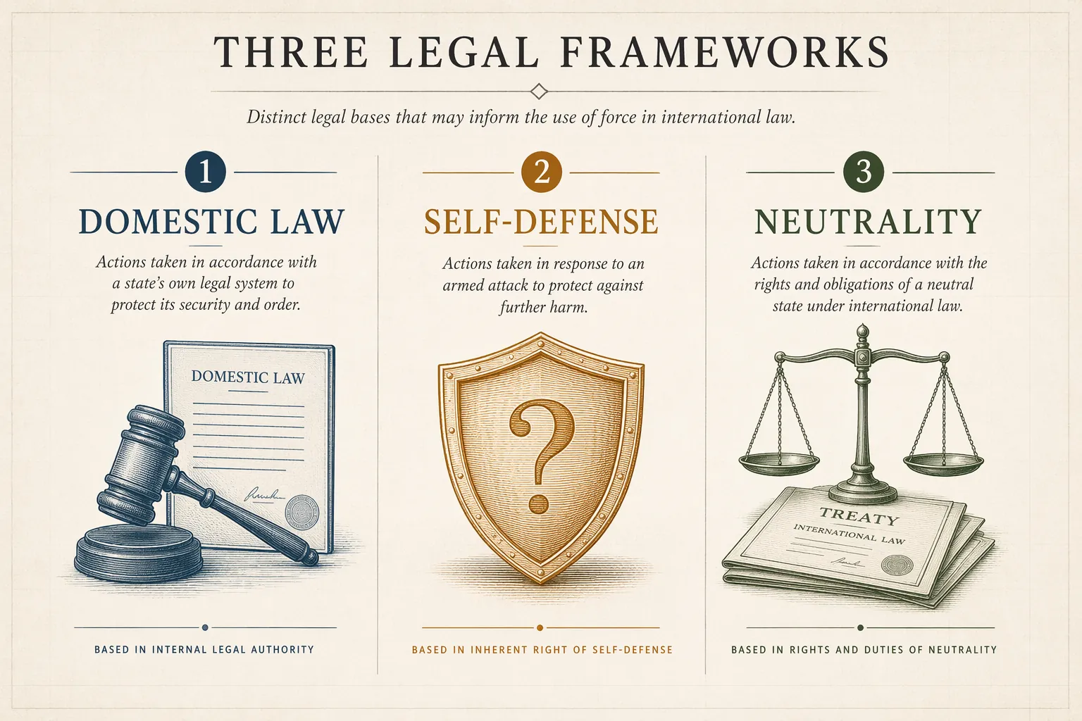 Infographic comparing domestic law, self-defense, and neutrality legal frameworks
