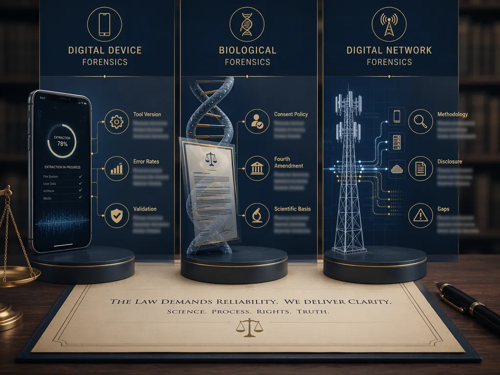 Three-column comparison of phone extraction, DNA genealogy, and cell-tower mapping risks