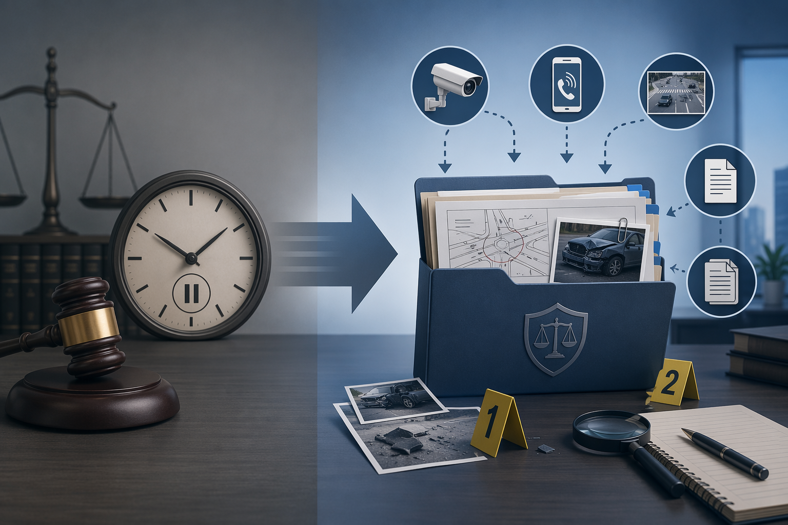 Workflow transition from a paused wait-for-conviction approach to active civil evidence collection with surveillance, 911 call, and document icons