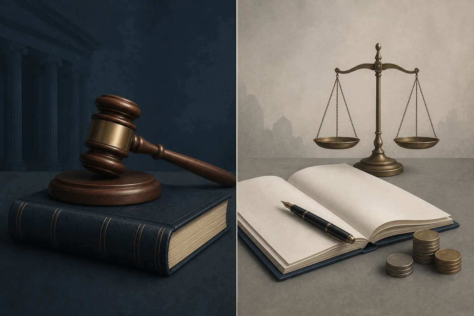 Judge's gavel beside legal documents, scales, pen, and coins showing criminal and civil remedies