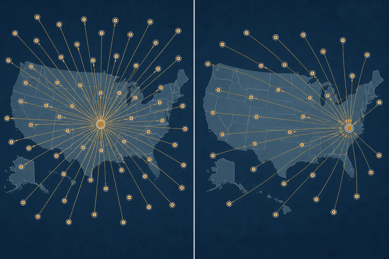 Abstract comparison between speech radiating to a broad audience and arrows targeting one highlighted node