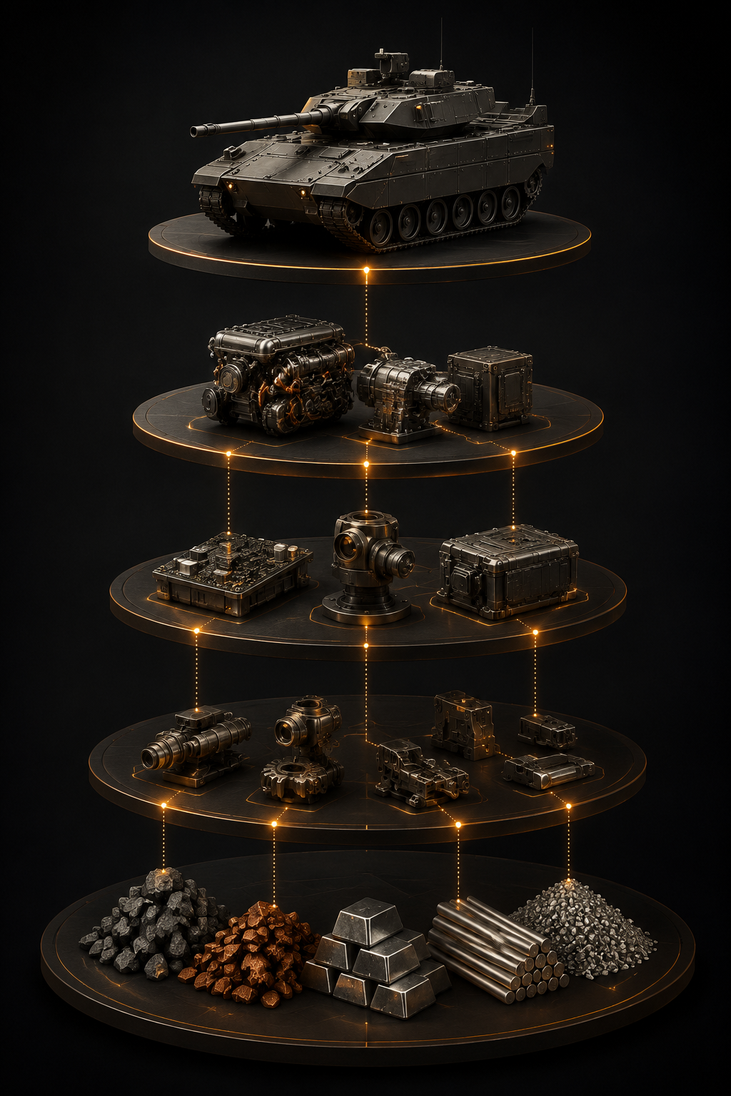 A supply chain traceability diagram from raw materials to finished defense products.