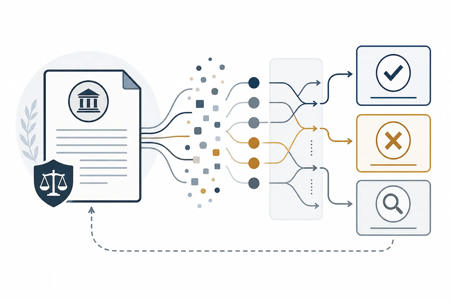 Government seal connected to a classification pipeline with approval, denial, and review outcomes