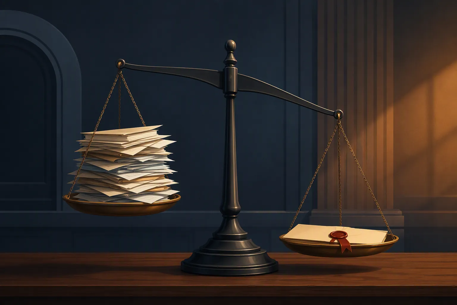 Scales of justice comparing scattered papers with a sealed court order