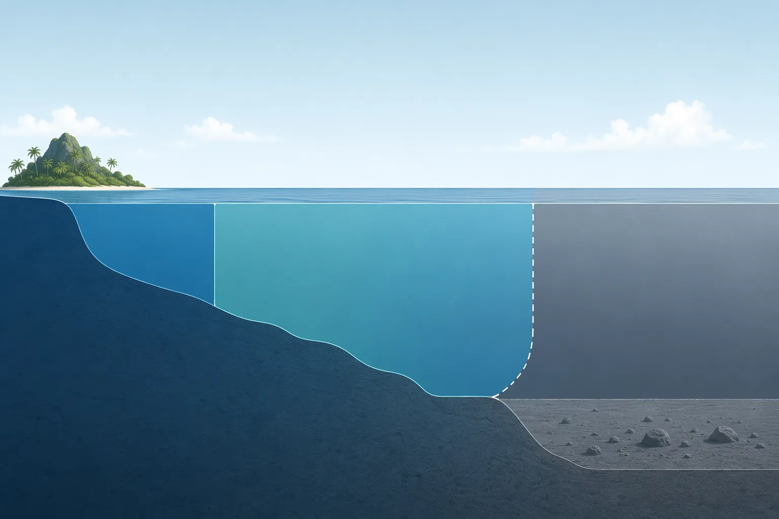 Ocean jurisdiction diagram showing an island, an exclusive economic zone, protected waters, and the Area beyond national jurisdiction