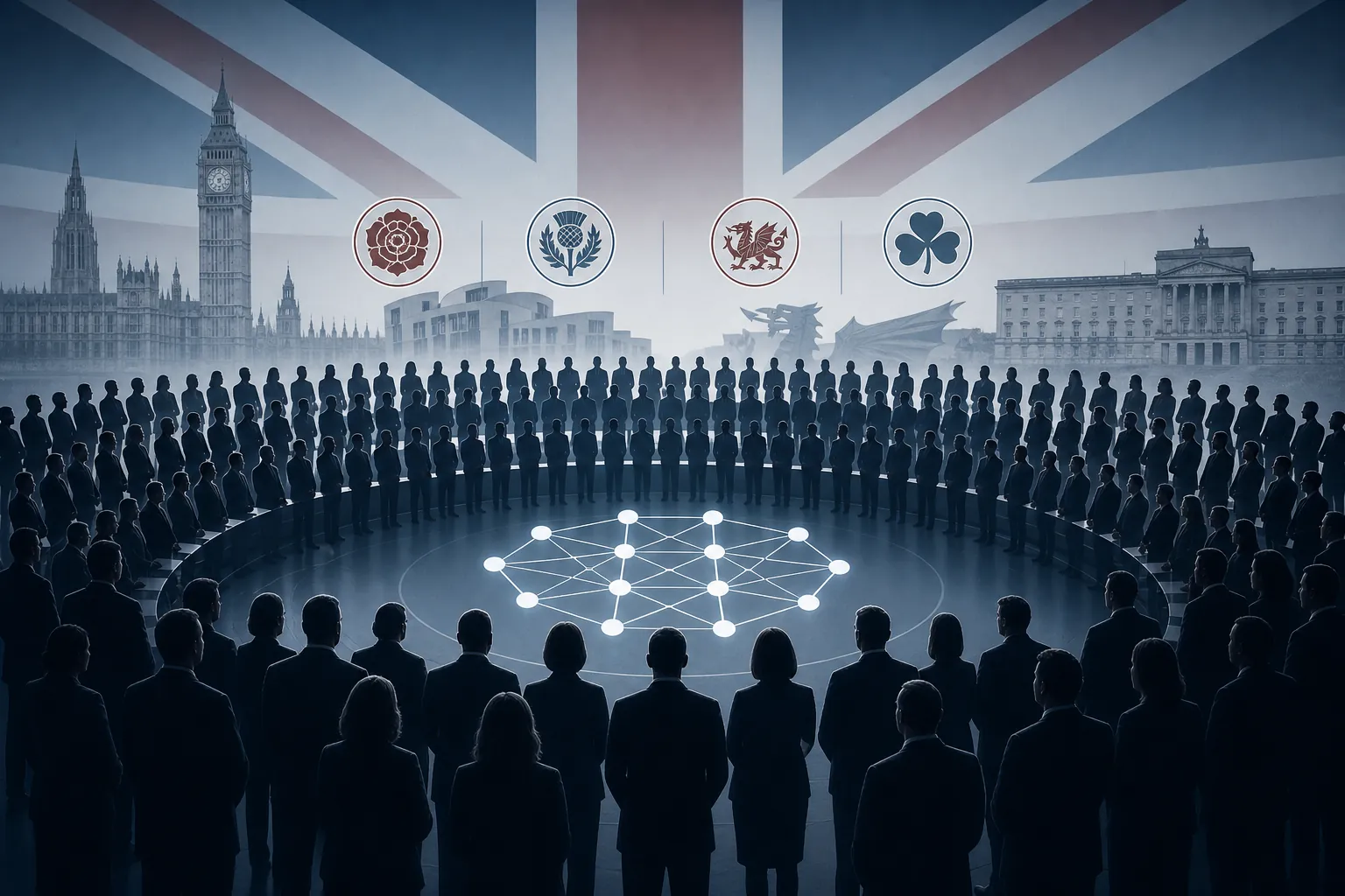 Stylized parliamentarian silhouettes around a glowing neural network node with UK regional accents
