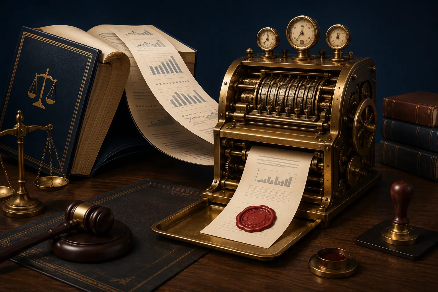 Open statute book feeding documents into a brass calculating machine, with an official sealed page emerging